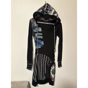 Kessley Boho Patchwork Abstract Hooded Sweater Dress Multi-Color Artwear Small